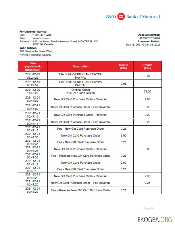 Modèle de relevé bancaire de la Banque du Canada de Montréal en format Word et PDF (.doc et .pdf)